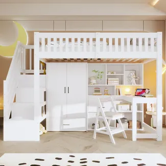 Hochbett mit Schreibtisch, Kleiderschrank, Regal, Lattenrost und Rausfallschutz, 90x200 cm, Kinderbett, Stauraum, Jugendbett, Kiefer