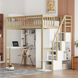 OKWISH Kinderbett Stauraumbett mit großem Kleiderschrank Regal und Tisch (90x200 cm, Stauraum Treppe Mehrzweckbetteinheit Holzbettgestell 90x200 cm), ohne Matratze