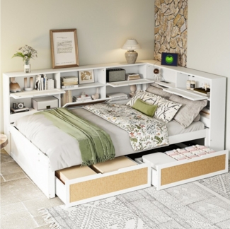 HAUSS SPOLE Schlafsofa 140x200 cm mit 2 Schubladen, vielen Staufächern und Ladeanschluss Weiß, aus Massivholz mit Stauraum & Ladeanschlüssen – Kinderbett, Einzelbett für Gästezimmer, platzsparend mit Schubladen 140x200 cm(190x90), ohne Matratze