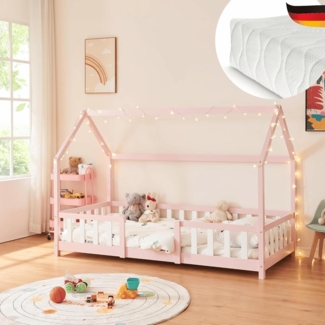 DELUKE® Kinderbett 90x200 cm LULO - Inkl. Matratze Lattenrost Rausfallschutz Einzelbett Hausbett Kinderzimmer Bodenbett Kinder Bett Klein Montessori Bett Rosa