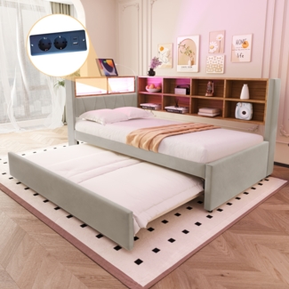 Multifunktionales Schlafsofa 90x200 cm mit Ausziehbett, LED-Licht, Staufächern & Ladeanschlüssen,Hellgrau