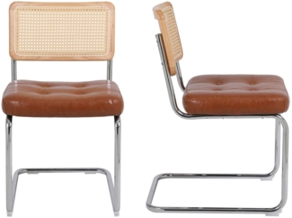 SeedWave Freischwinger mit Mid-Century Modern Design, Set aus 2, Chrom Beschichtet, Gepolsterter Kunstledersitz, handgefertigte geflochtene PE Rattan