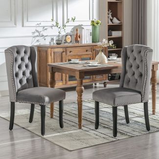 Esszimmerstuhl 2er-Set H 100 x T 45 x B 61 cm, Samtbezug in Grau mit Eichenbeinen & Zierdetails