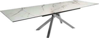 Esstisch Edge 200-300x100 Keramik Calacatta Luxe Weiß-Gold-Grau Kreuzgestell Rechteck Edelstahl ausziehbar