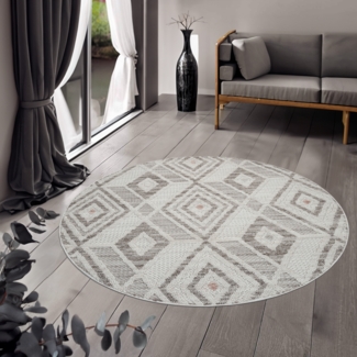 Teppich Rund - 160x160cm - Beige Terra - Boho Style - Rauten Muster - Flachflor Wohnteppich Schlafzimmer Deko
