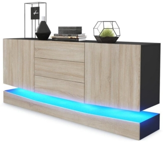 Vladon Sideboard City, Schwarz matt/Eiche sägerau inkl. LED - Moderne Kommode für Ihr Wohnbereich (178 x 72 x 38 cm)