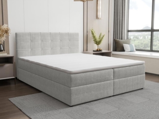 Vente-unique - Komplett-Set mit gestepptem Deko-Kopfteil + Lattenrost mit Bettkasten + Matratze + Topper - 180x200 cm - Stoff - Hellgrau - KIDA von YSMÉE