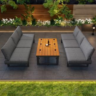 Merax Gartenmöbel-Set, 3-teiliges Set mit 2 Sofas, 1 Tisch, verstellbarer Rückenlehne & Tisch, Akazienholz, inklusive Kissen, grau