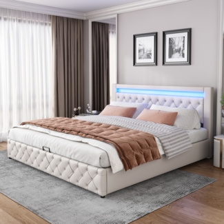 Polsterbett 180x200 cm mit Stauraum und LED-Beleuchtung – weißer PU-Bezug, Lattenrost inklusive