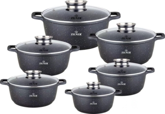 Zilner Topf-Set Schwarze Töpfe in 6 verschiedenen Größen, Steinbeschichtung, Aluminiumguss, Keramik, Edelstahl (1.3L / 2.3L / 3.2L / 4.5L / 6.8L, 12-tlg, Zeitloses Design des Topfsets. Eine ideale Geschenkidee! Hochwertig)