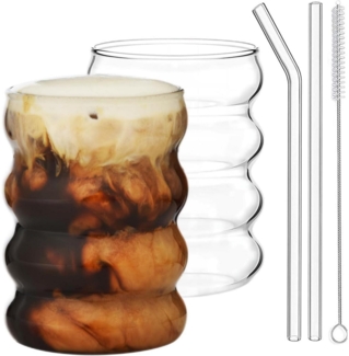 ALINK 350ml Gerippte Trinkgläser Set of 2 Glass Straws Wave Longdrinkgläser