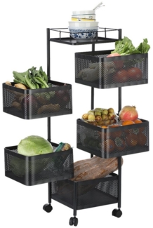 oyajia Küchenregal 6-Stöckiges Küchenregal mit Rollen, Drehbaren Körben, Stahl Obstregal, Metall Aufbewahrungsregal, Standregal, Gemüseregal, 5 Körbe, Flexibler, Langlebiger Rollwagen Ideal für Küche,Bad,Büro, 27x27x94 cm
