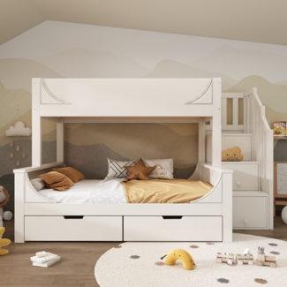 Weißes Etagenbett Schlittenform mit Leiterschrank 90+140x200 cm EN747-1:2024 Sicherheit Schubladen Landhausstil Kinderzimmer