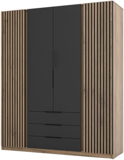 Selsey 'Kaja' Kleiderschrank 4-türig mit Lamellen & 3 Schubladen, schwarz/Eiche, ca. 239 x 200 x 62 cm