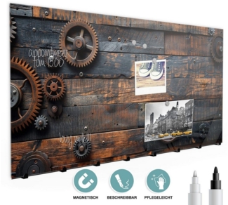 Primedeco Garderobenpaneel Kleiderhaken aus Glas Holz und Zahnräder (1 St, Inkl. Magnete, Stifte und Montagematerial), Magnetisch & Beschreibbar