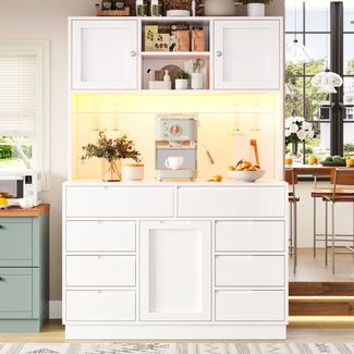 Merax 183.5cm Hochschrank, Küchenschrank mit Smart LED Beleuchtung, Hochschränke fürs Wohnzimmer, USB Ladeanschluss, 8 Schubladen, Magnetverschluss, Höhenverstellbaren Böden, Weiß