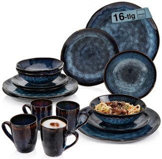 SÄNGER Tafelservice Tokio Geschirrset (16-tlg), 4 Personen, Steingut, Blau Schwarz, Handmade, Premium Collection