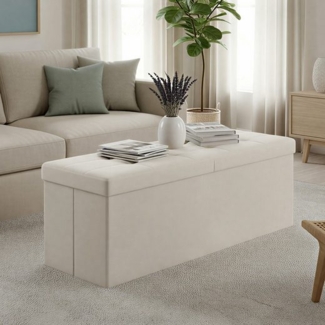 SONGMICS Sitztruhe mit Deckel, Sitzbank mit Stauraum, für Eingangsbereich, Aufbewahrungsbox, 38 x 110 x 38 cm, Samt, beige