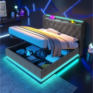 HAUSS SPOLE Polsterbett 180x200 cm mit LED-Beleuchtung, Ladefunktion Grau Leinen Ohne Matratze (Stauraumbett, Funktionsbett, Lagerbett, mit USB Typ-C Ladefunktion, 180*200cm, ohne Matratze), mit 360-Surround-LED-Funktion, Drucktaste/App/Fernbedienung