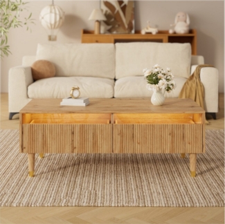 Ulife Couchtisch Wohnzimmertisch, Sofatisch mit zwei Schubladen und LED-Lichtstreifen (1-St), Gewellte Schubladenplatte, gold-holzfarbene Beine