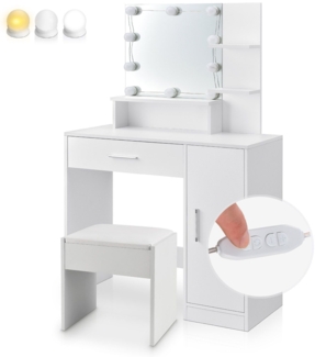 Juskys Schminktisch Zoey mit LED Beleuchtung & Hocker Melly - Spiegel, Schublade & Schrank - bequemer Schminkhocker inklusive - Frisiertisch Weiß