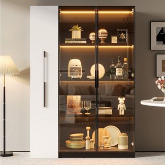 Merax Glasvitrine (2-in-1-Design Multifunktionsschrank Vitrinenschrank, 1-St, 110.5x35x160cm) LED-Vitrine mit Glastür & seitlichem Rollregal,Hochschrank Bücherregal