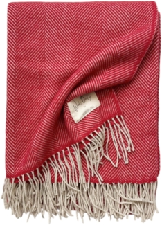 WoolOnly Wolldecke Plaid mit Fransen 130x180 cm, Herringbone Rot-natur