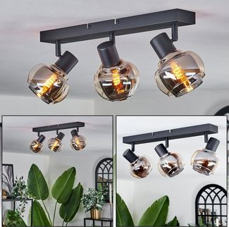 hofstein Deckenleuchte Deckenlampe aus Metall/Glas in Schwarz/Rauchfarben/Bernsteinfarben, ohne Leuchtmittel, verstellbare mit Schirmen aus Rauchglas, 2x E14, ohne Leuchtmittel