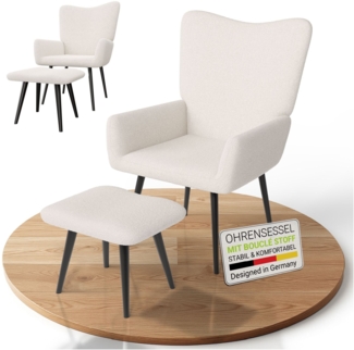 Juskys Ohrensessel Odense mit Hocker, TV- & Lesesessel in Bouclé, hohe Lehne, Metallbeine, komfortabler Stoffbezug, pflegeleicht – Beige