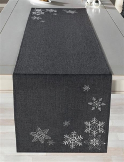 Tischläufer in edlem grau mit Stickerei "Eiskristall" in silber, 40x140 cm