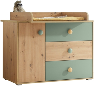Wickelkommode >Birta< 3 Schübe, 1 Tür, Artisan Eiche Dekor /Salbei - 120x99,3x77,6cm (BxHxT)
