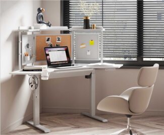KOWO Schreibtisch Eckschreibtisch Höhenverstellbar Elektrisch, L-förmiger Computertisch (2-St, 1 Tisch mit Lochplatte, Korktafel und Magnetisches Whiteboard), Länge: 80 + 55 + 80 cm, Memory, Digitaldisplay, stufenlos einstellbar