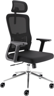 CLOUVOU BrightSeat, ergonomischer Bürostuhl, Rückenlehne mit Mesh Bezug, 2D-Armlehnen, 3D-Kopfstütze, FluxWheels, Schwarz
