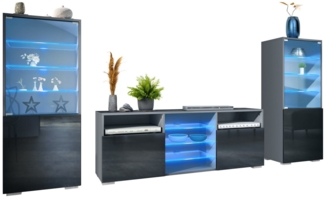 Vladon Wohnwand Granada, (Anbauwand, bestehend aus 2 Vitrinen, 1 TV-Board und LED-Beleuchtung), Anthrazit matt/Schwarz Hochglanz (286 x 122,5 x 35 cm)