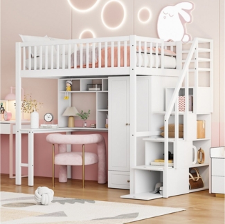 REDOM Kinderbett mit großem Kleiderschrank Regal und Tisch (Hochbett 90x200 cm mit integriertem Kleiderschrank, Regal und Tisch, Stauraumtreppe, multifunktionales Holzbettrahmen, Stauraum Treppe Mehrzweckbetteinheit Holzbettgestell 90 x 200 cm), ohne M...