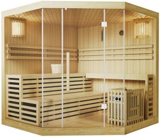 Artsauna Saunakabine Espoo200 Premium mit Harvia Ofen – 5 Personen – Hemlock Holz, Glasfront und LED Licht – Inkl. Thermometer & Sanduhr –Komplett Set