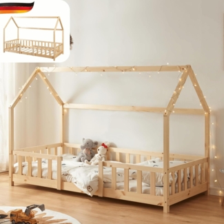 DELUKE® Kinderbett 90x200 cm LULO - Inkl. Lattenrost Rausfallschutz Einzelbett Hausbett Kinderzimmer Bodenbett Kinder Bett Klein Montessori Bett Braun