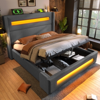 Merax Polsterbett, Doppelbett 180x200 cm, mit LED, Stauraumbett mit hydraulischem Stauraum und USB Type-C Aufladen, Leinen, Grau