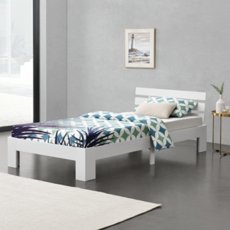 Holzbett Nivala 90x200 cm mit Kopfteil Weiß en. casa