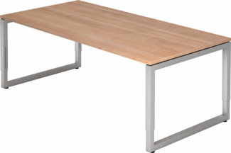 bümö höhenverstellbarer Schreibtisch R-Serie 200x100 cm in Nussbaum, Gestell in Silber - großer PC Tisch für's Büro manuell höhenverstellbar, Computertisch verstellbar, RS-2E-N-S