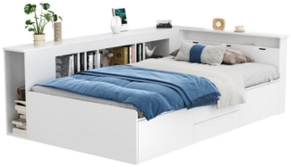 BlingBin Kinderbett Einzelbett, Jugendbett Bettgestell, Multifunktionales Stauraumbett (Kinderbett mit Schubladen, Bücherregal und Stauschrank, 1-tlg, 90*200cm, Ohne Matratze, Belastbarkeit maximal: 200KG), Bettkasten mit Stauraum, MDF, Weiß