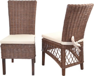 Rattanstühle/Esszimmerstühle 2er-Set, handgeflochten, braun, inkl. Kissen creme
