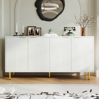 Merax Sideboard 160×80×40 cm, Kommode mit 4 Türen Goldene Gebürstete Griffe und Hochglanz Tischbeine Komodenschrank, Weiß