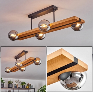 hofstein Deckenleuchte Deckenlampe aus Metall/Holz/Glas in Schwarz/Natur/Chrom-/Rauchfarben, ohne Leuchtmittel, Leuchte im Retro-Design mit Glasschirmen (10 cm) und Holzbalken, G9