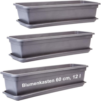 2friends Blumenkasten 3er-Pack, mit Untersetzer aus Kunststoff 60T x 17B x 14H cm, Balkon Blumenkasten Anthrazit