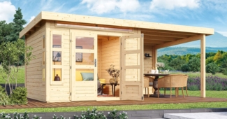 Gartenhaus Kastorf 6 - 274x274 cm plus Anbaudach 3,20m mit Rückwand, 28 mm Holz naturbelassen, Karibu