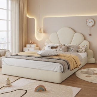 Polsterbett 140x200 cm aus Samt in Beige mit geschwungenem Blüten-Kopfteil