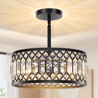 Jibenhome LED Deckenleuchte Schwarzer Kristalllampe,Moderne Kronleuchter Kristall Leuchte, LED wechselbar, Moderne Halb Einbauleuchte,Kristall Dekolampe für Küche, Schlafzimmer