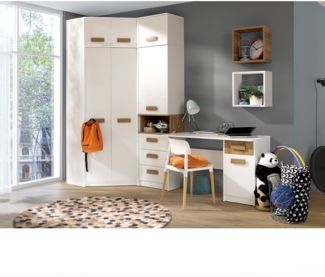 Marmex Möbel Grant Set-11 Jugendzimmer Komplett-Set 7-teilig mit Eckkleiderschrank, Kinderzimmermöbel mit Schreibtisch, laminierte Spanplatte, weiß+riviera Eiche