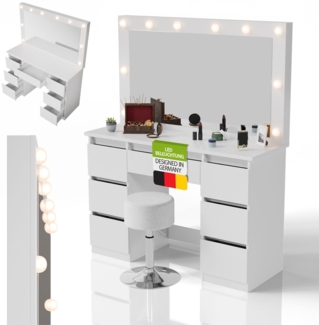 Juskys Schminktisch Lilia mit LED-Beleuchtung & Hocker Tonia, 7 Schubladen, stufenlos dimmbar, 3 Farbtemperaturen, Stauraum, elegantes Design – Weiß